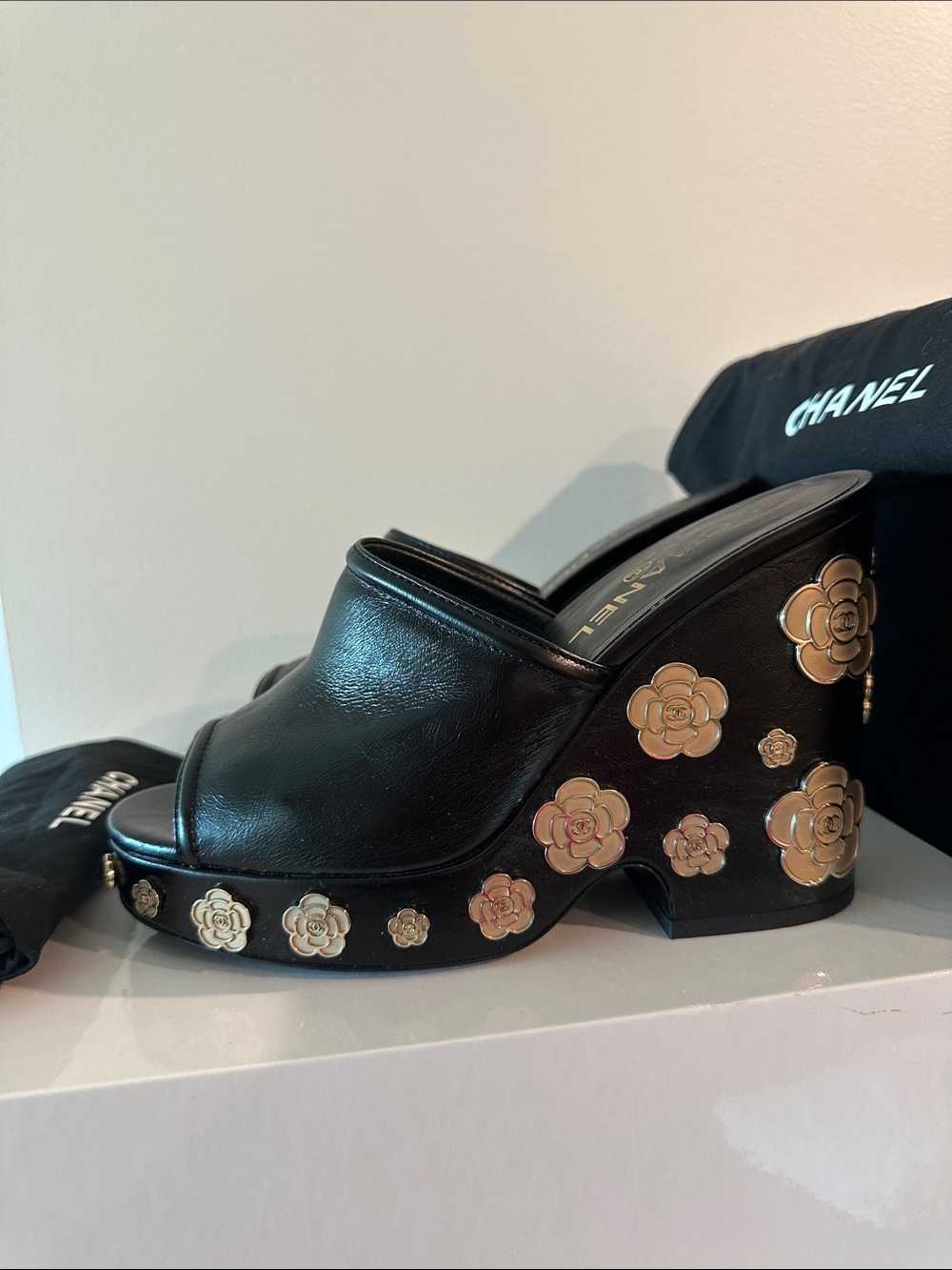 CHANEL Black Leather Camellia-Embellished Mules